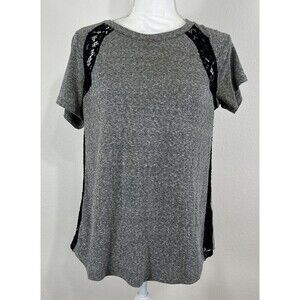 Rebecca Taylor Gray & Black Lace Inset T-Shirt Size Small (4/6)